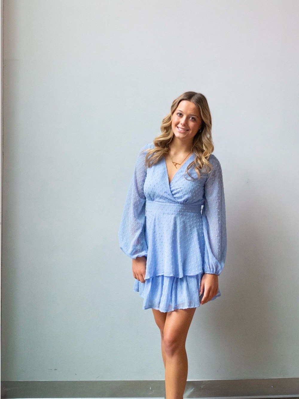 Jasmine Sky Blue Textured V-Neck Long Sleeve Mini Dress